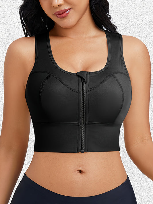 Black high impact sports bra with zip-front design and wide straps for bounce control.