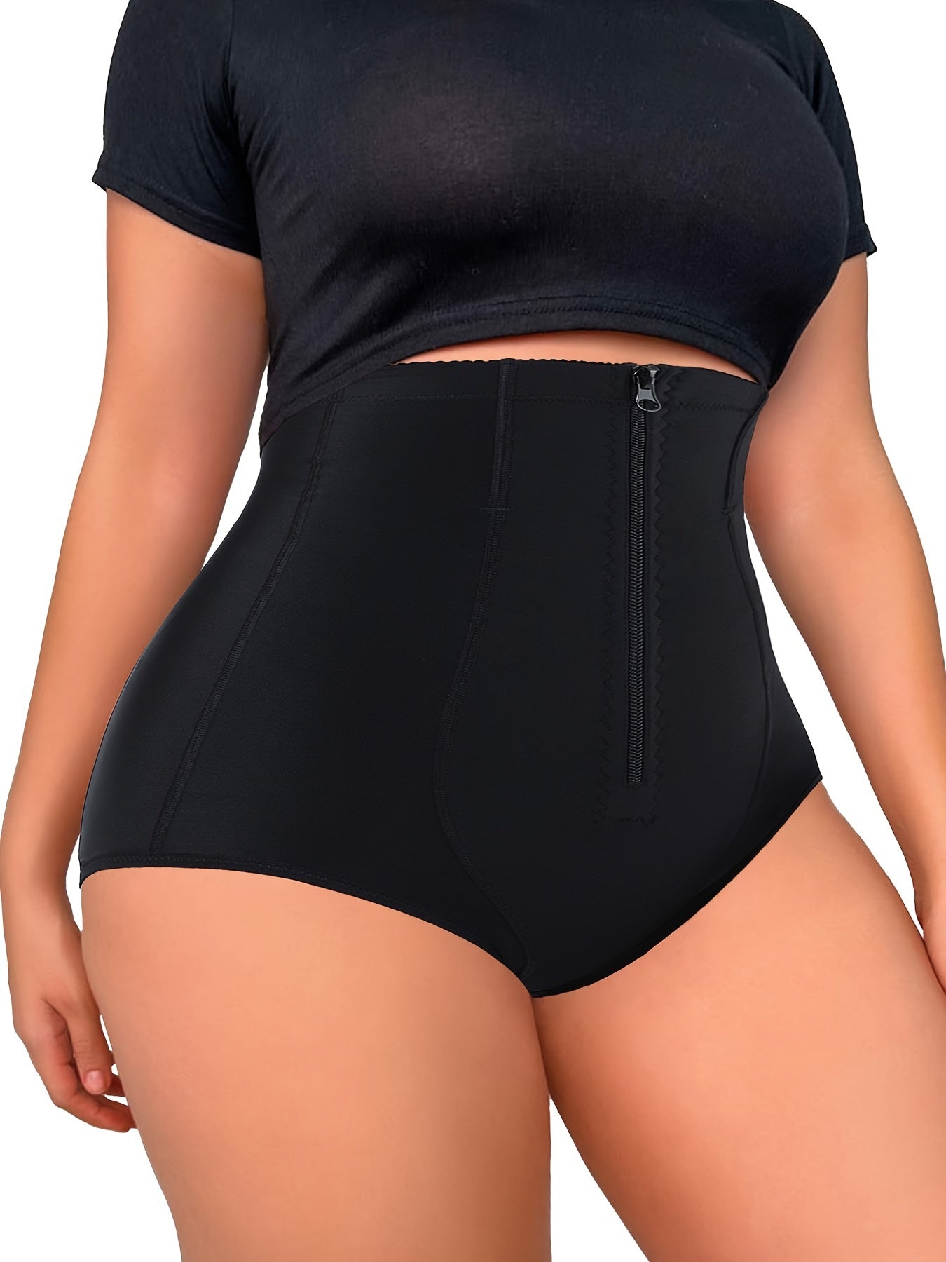 Shapewear with outer zipper and inner hook closure for enhanced tummy control and easy wear.