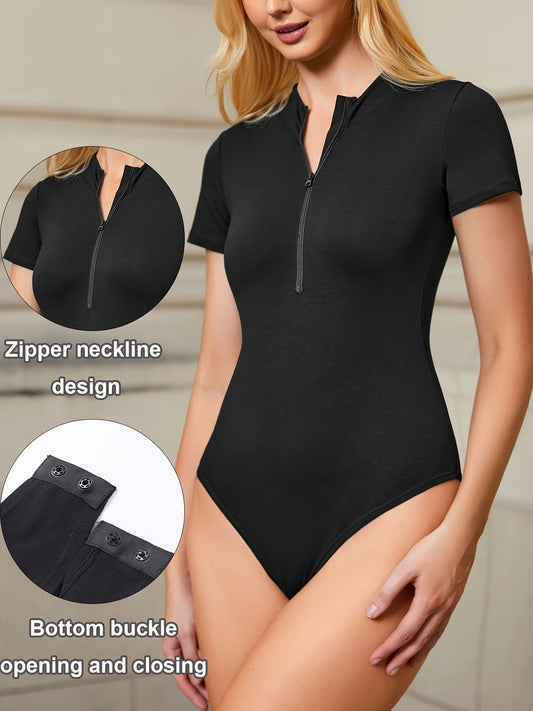 Black zipper turtleneck bodysuit with short sleeves and fitted design for a sleek everyday look.

